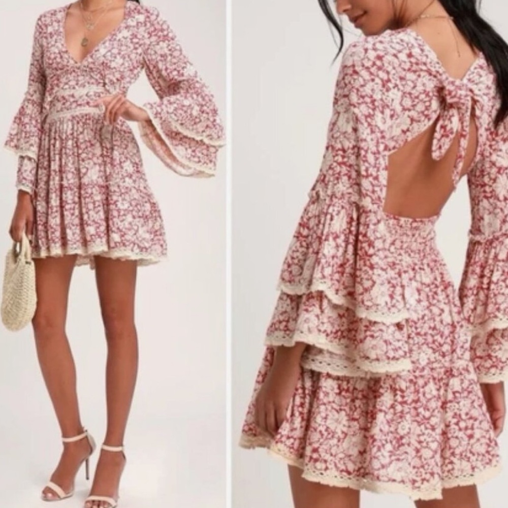 Free People Kristall Berry Red Floral Print Bell Sleeve Mini Dress Boho Sz M NWT